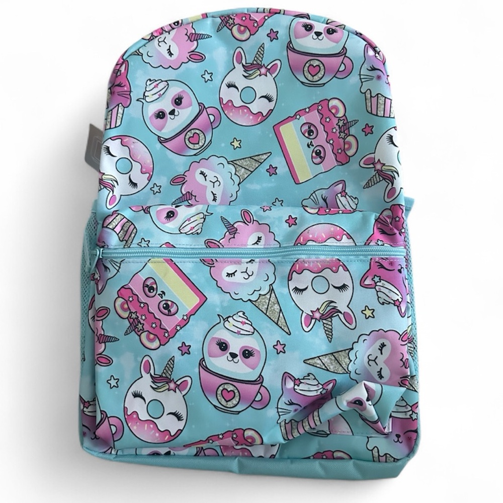 Blue Backpack Dessert Print Adjustable Straps School Bag Ice Cream Cone Cake
